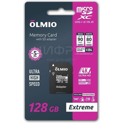 MicroSD 128gb Olmio Extreme XC UHS-I U3 V30 A1 R90mb/c W80mb/c c   - 